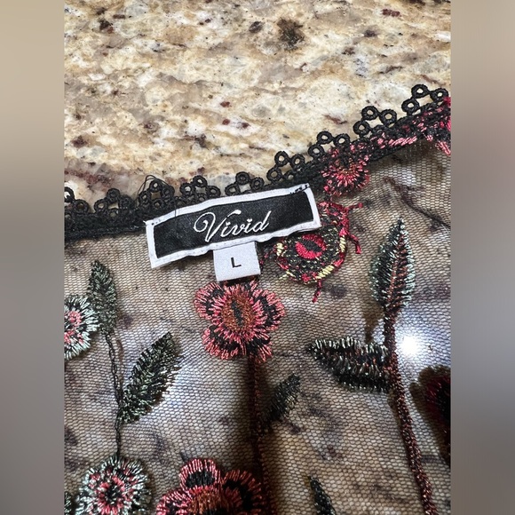 Vivid Floral Embroidered Black Mesh Swim Cover Up/Kimono w/ Lace Trim Large - Picture 4 of 6